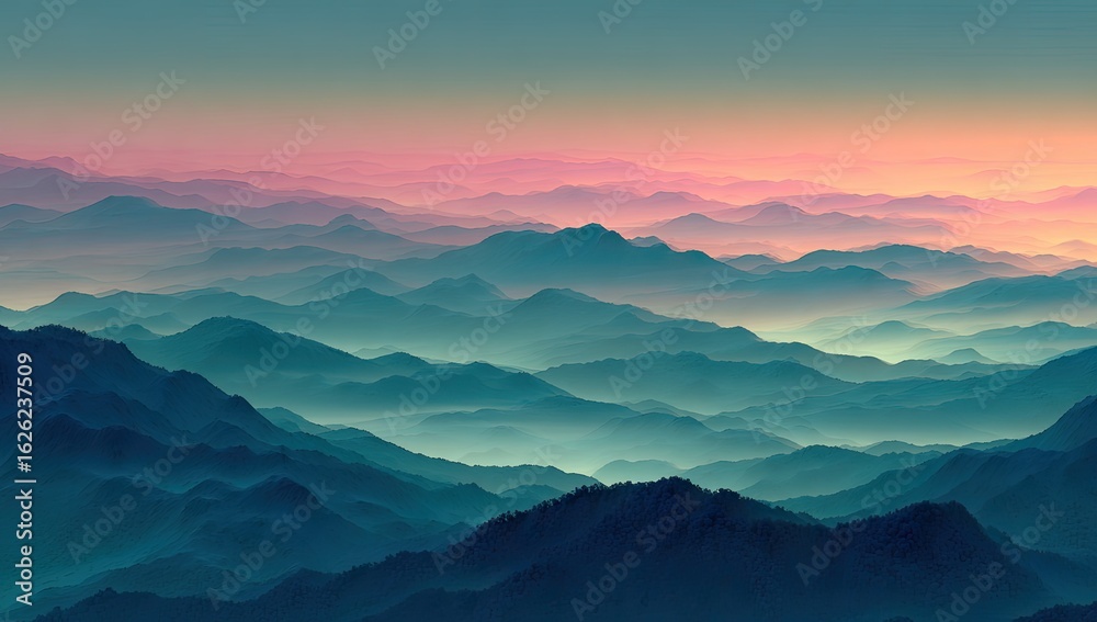Fototapeta premium Misty mountain range panorama at sunrise