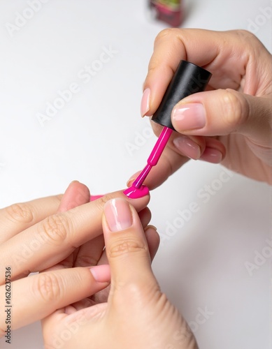A woman carefully applies a vibrant pink nail polish to her nails, showcasing her focus and attention to detail in a well-lit, cozy setting.