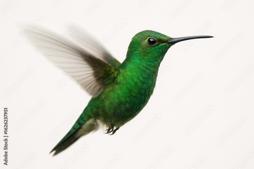 Obraz premium A vibrant green hummingbird in mid-flight, its wings blurred with motion against a clean white background