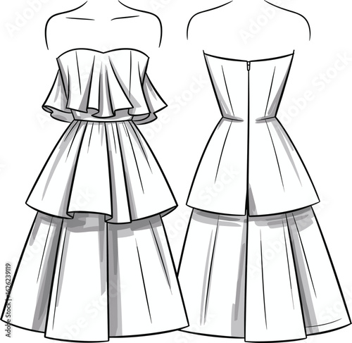 Elegant strapless tiered dress, fashion illustration, front and back view, formal wear design, wedding outfit, stylish apparel, chic clothing, ruffled bodice