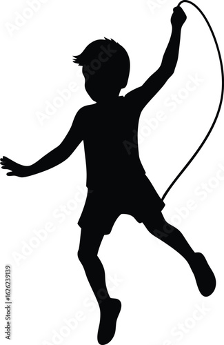 black silhouette a boy jumping rope on white backg.eps
