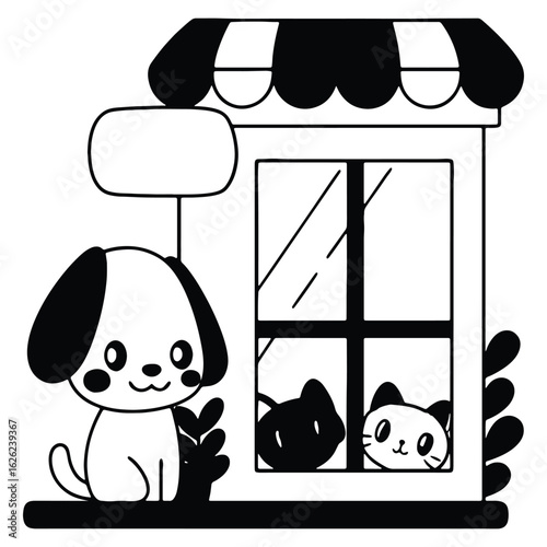 Cute cartoon dog outside a shop with cats in the window sill illustration