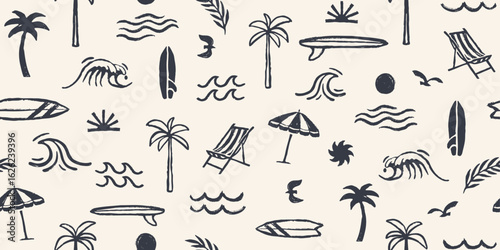 Vector surf seamless pattern. Hand-drawn coastal and beach elements: palm trees, waves, sun, surfboards, and beach illustrations. Surfing background.	
