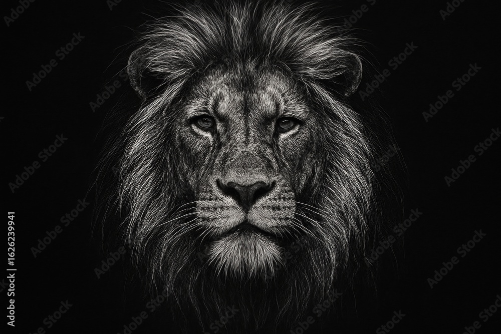 Naklejka premium Majestic Lion Portrait With Intense Gaze Captured in Dramatic Black and White - A Symbol of Power and Courage