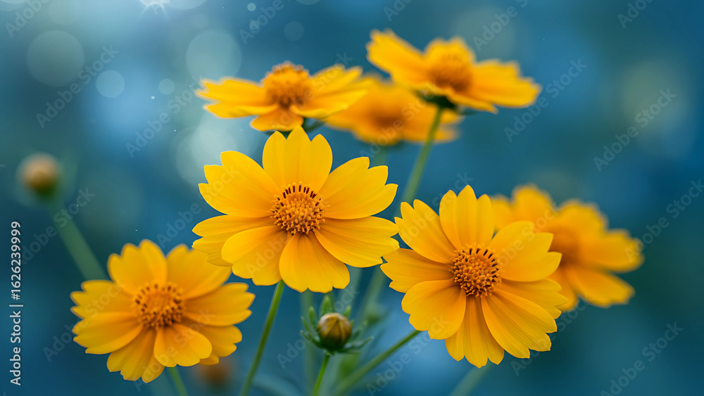 Vibrant yellow wildflowers bloom beautifully against a soft blue bokeh background, evoking natural serenity and springtime joy. Vibrant yellow wildflowers bloom beautifully against a soft blue bokeh background, evoking natural serenity and springtime joy.