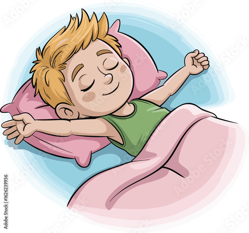 Happy child waking up, smiling boy stretching arms, peaceful morning, cozy bedroom, restful sleep, cute kid, joyful awakening, sleeping scene