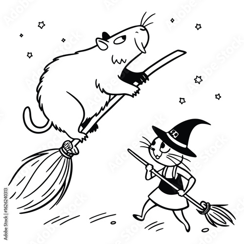 Funny halloween illustration of a rat and a witch cat flying on broomsticks with stars