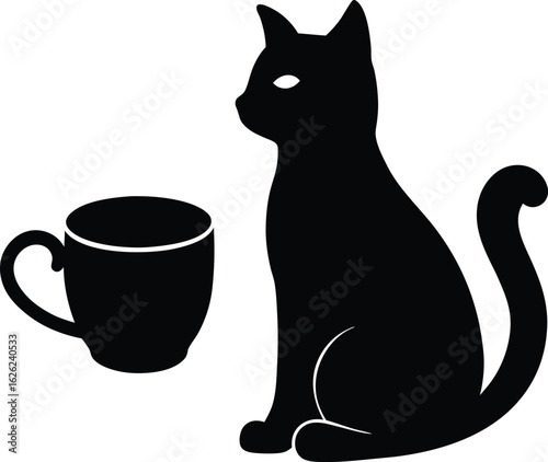 black silhouette a cat beside cup of tea on white .eps