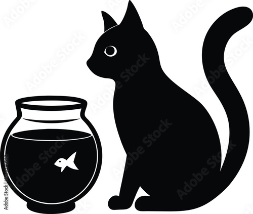 black silhouette a cat beside fishbowl on white ba.eps