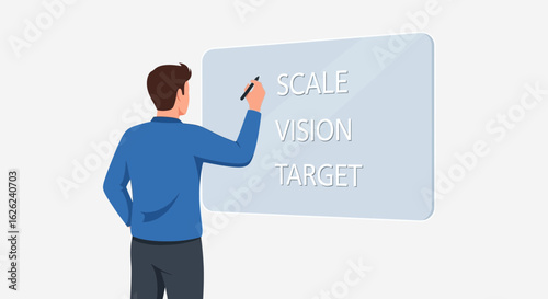 Man Writing Business Goals On Transparent Board Presentation
