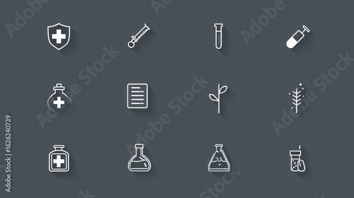 Assorted minimal white medical, science, and plant icons against a dark gray backdrop