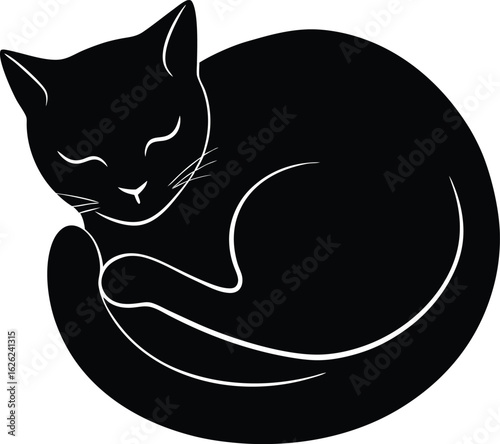 black silhouette a cat curled up on white backgrou.eps