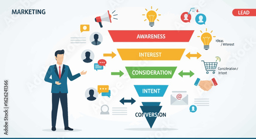 Marketing Funnel Stages Demonstrating Lead Generation Process And Customer Journey