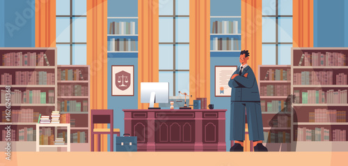 Male lawyer standing near at workplace legal law advice and justice concept modern office interior full length horizontal vector illustration | Premium Vector