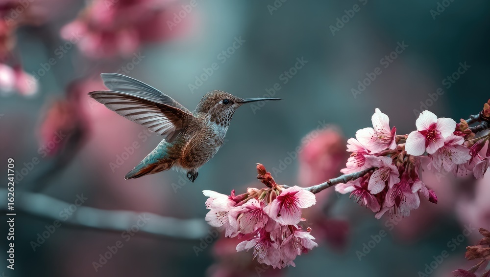 Fototapeta premium Hummingbird in flight near pink cherry blossoms