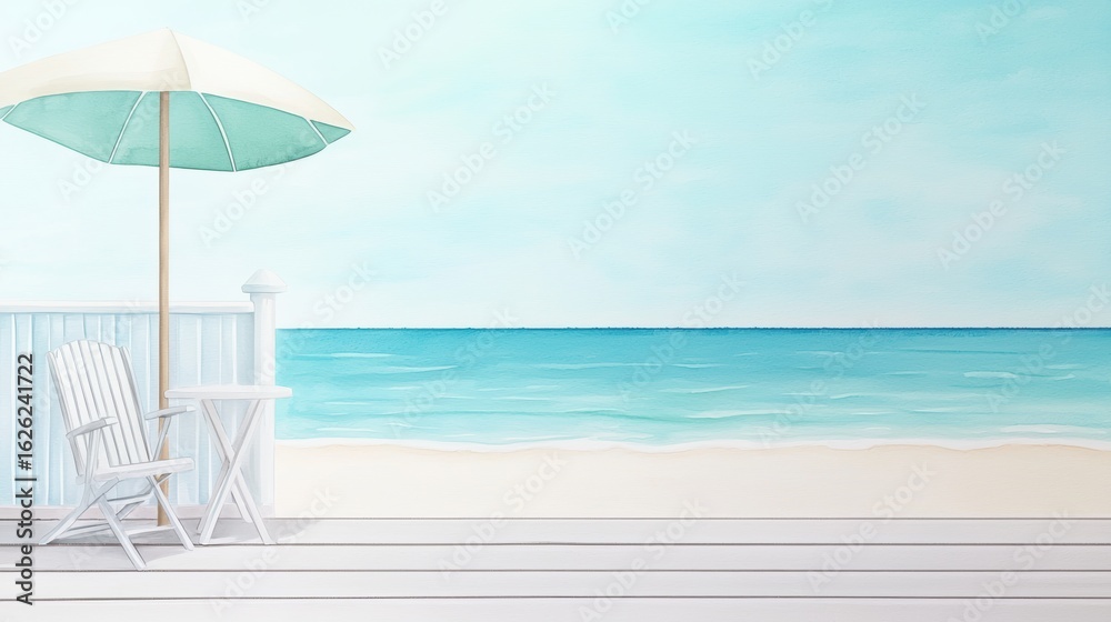 Obraz premium Summer watercolor scene of a cozy beachside cafe with colorful umbrellas and a sea breeze.