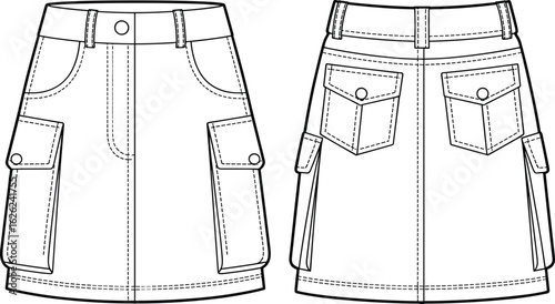 Flat vector CAD drawing of stylish cargo mini skirt with belt loops, flap pockets, detailed stitching, back and front view.