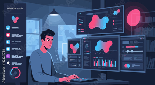 Animator Working On Graphics With Modern Technology At His Studio