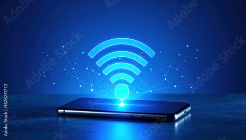 Glowing WiFi symbol above a phone on a dark surface