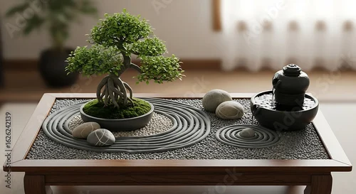 Obraz A serene tabletop zen garden featuring a miniature bonsai tree, raked sand patterns, smooth stones, and a small tabletop water fountain.