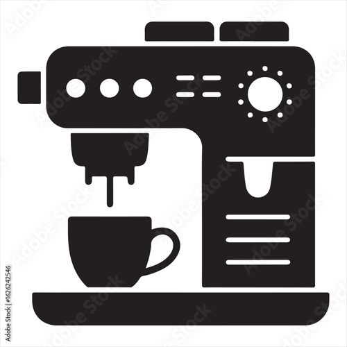 Sleek black coffee maker icon with filled cup graphic for cafe related design projects and coffee shop branding
