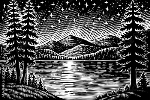 Lake Tahoe at night with starlight reflections and mountains, black and white line art illustration