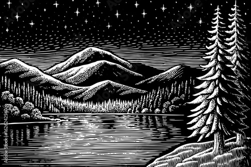 Lake Tahoe at night with starlight reflections and mountains, black and white line art illustration