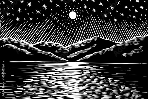 Lake Tahoe at night with starlight reflections and mountains, black and white line art illustration
