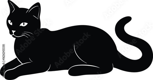 black silhouette a cat laying flat on belly on whi.eps