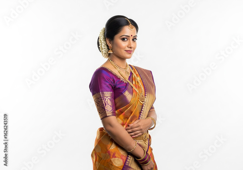 A young woman in a vibrant South Indian silk saree poses elegantly against a white backdrop.
