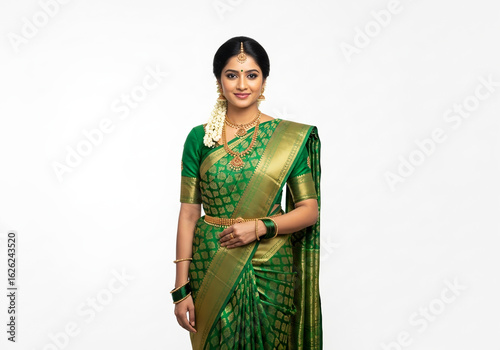 A woman in traditional Indian attire poses gracefully, smiling warmly, against a white backdrop.
