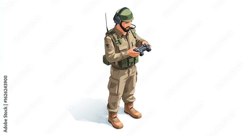Fototapeta premium An isometric illustration of an Israeli soldier in olive green and brown uniform, holding the remote control for their drone with black features on a white background