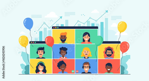 Team Meeting Celebrations During Online Business Conference Promotion