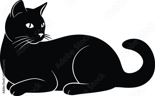 black silhouette a cat lying down on white backgro.eps