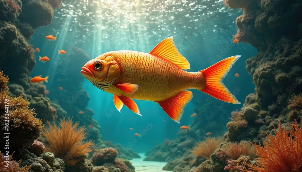 Naklejka premium Vibrant orange Asian Arowana fish swims gracefully through sunlit coral reef aquarium. Underwater scene showcases aquatic life, detailed scales, oceanic ecosystem with smaller fish schooling nearby.
