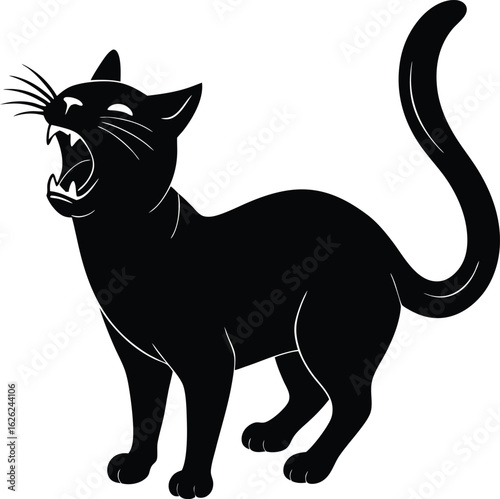 black silhouette a cat meowing on white background.eps