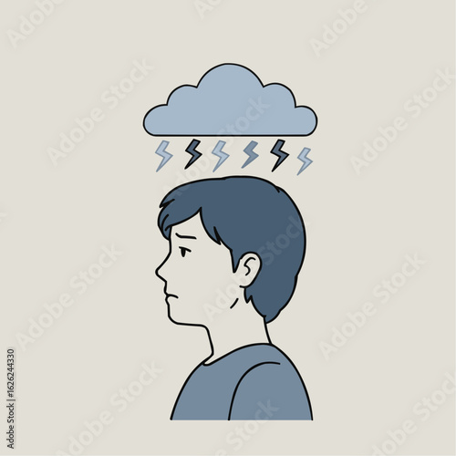 Boy looking sad with storm cloud and lightning above his head  