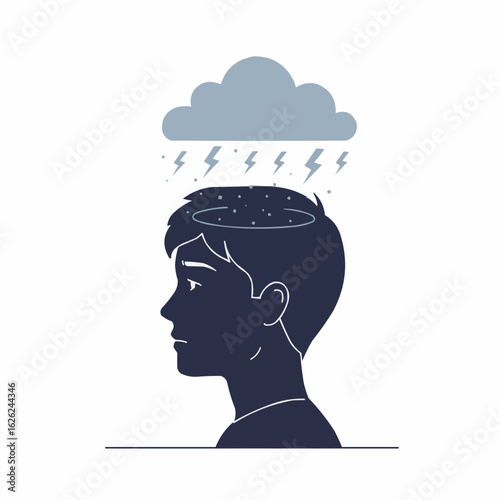 Boy's silhouette with storm cloud overhead illustrating anxiety  