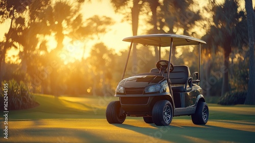 Golf cart at sunset on a lush golf course