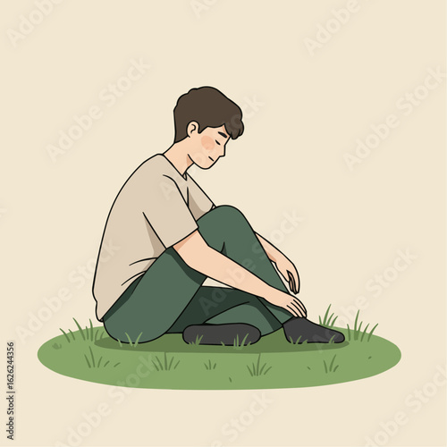 Young man sitting on grass with a thoughtful expression  