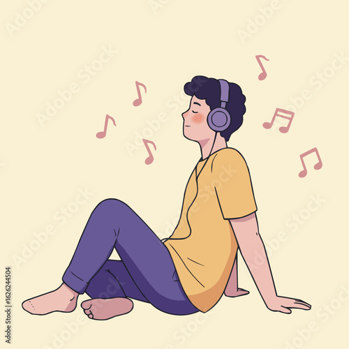 Young man relaxing while listening to music with headphones  