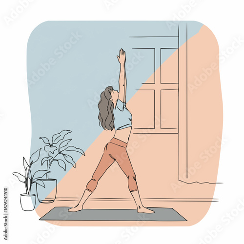 Woman practicing yoga in home environment with plant decor  