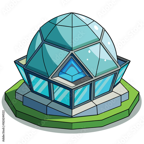 A futuristic biodome building with a transparent, geodesic dome, an innovative and eco-friendly design.