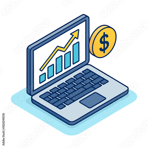 Isometric Laptop with Growth Chart and Coin