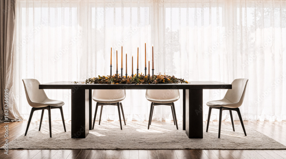 Fototapeta premium Monochrome dining room with black dining table, white leather chairs, and autumn candle arrangement