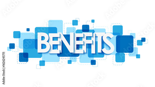BENEFITS vector typography banner on overlapping blue squares