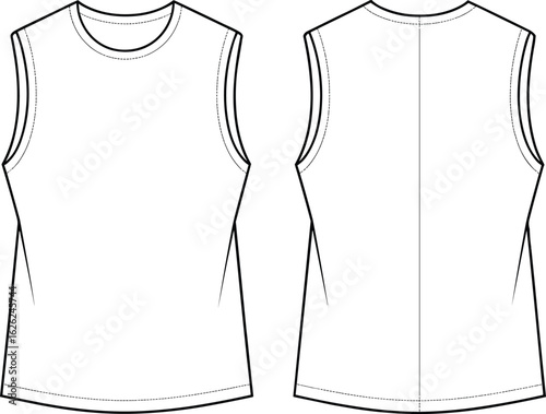 Flat vector technical sketch of basic sleeveless tank top for men or women, front and back view, minimalist fashion cad drawing