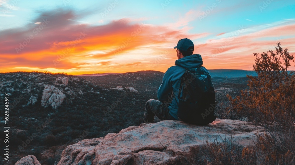 Obraz premium Man sits on mountaintop, watching vibrant sunset