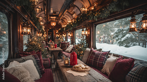 A festive and cozy journey inside a vintage wooden train carriage, beautifully decorated for Christmas with views of a snowy winter landscape.