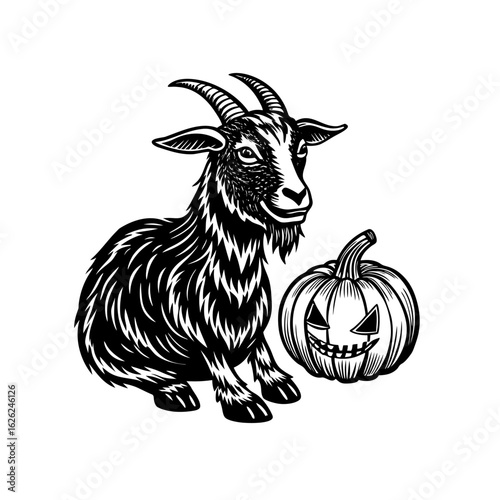 Detailed black and white illustration depicting a horned goat sitting beside a spooky carved Halloween pumpkin.